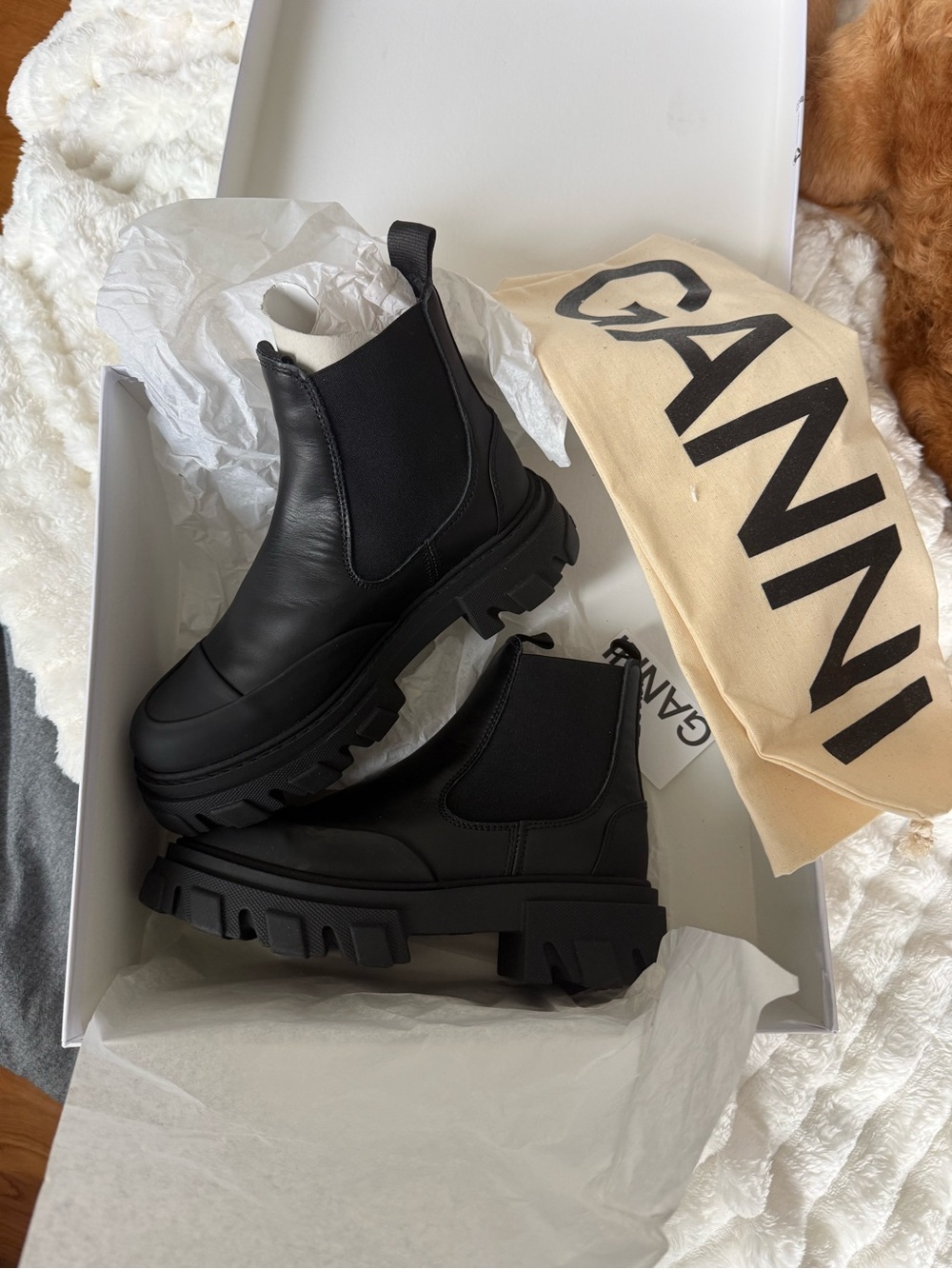 Ganni Black Leather Lug-Sole Chelsea Boots